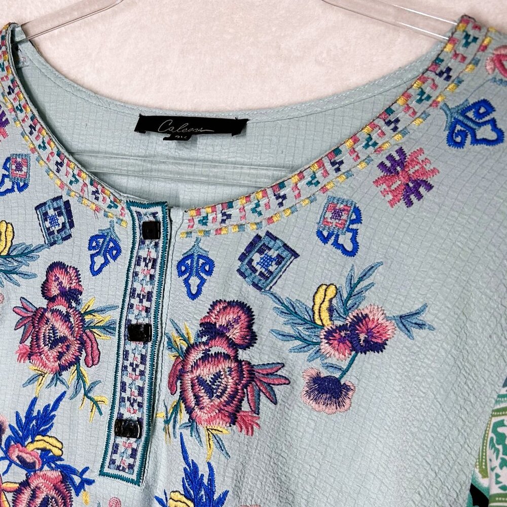 Calessa Blouse Women's 2X Mint Multi Embroidered Floral Patchwork Print TopTunic - Picture 5 of 13